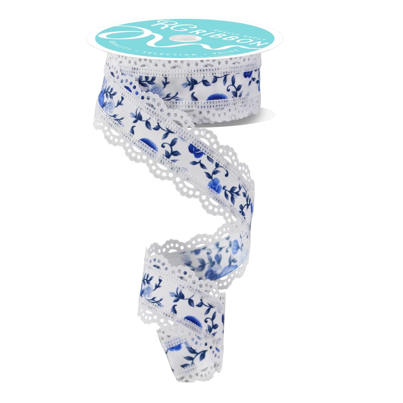 RG Ribbon: 1.5" - 2.5" Ivory Cottage Roses Scalloped Lace Edge Ribbon for Bows, Wreaths, Crafts and Decorations - White, Blue, Navy - Easter, Spring, Summer